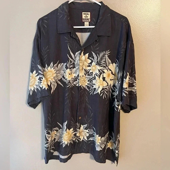 Tommy Bahama Mens Floral Button Shirt Hawaiian Tropical Silk Large Gray Yellow - Picture 1 of 5